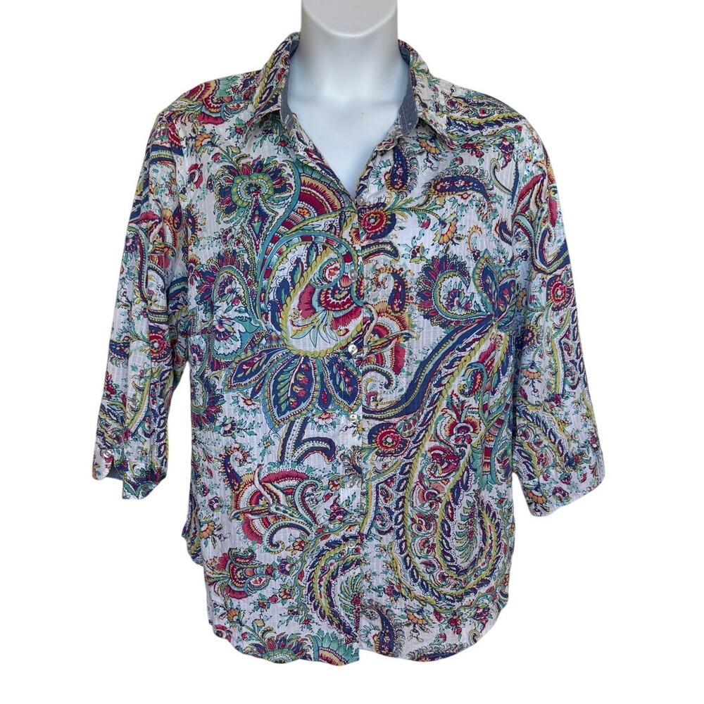 Allison Daley Plus Textured Cotton Paisley Button Up w Chambray Trim size 22W - Picture 4 of 12